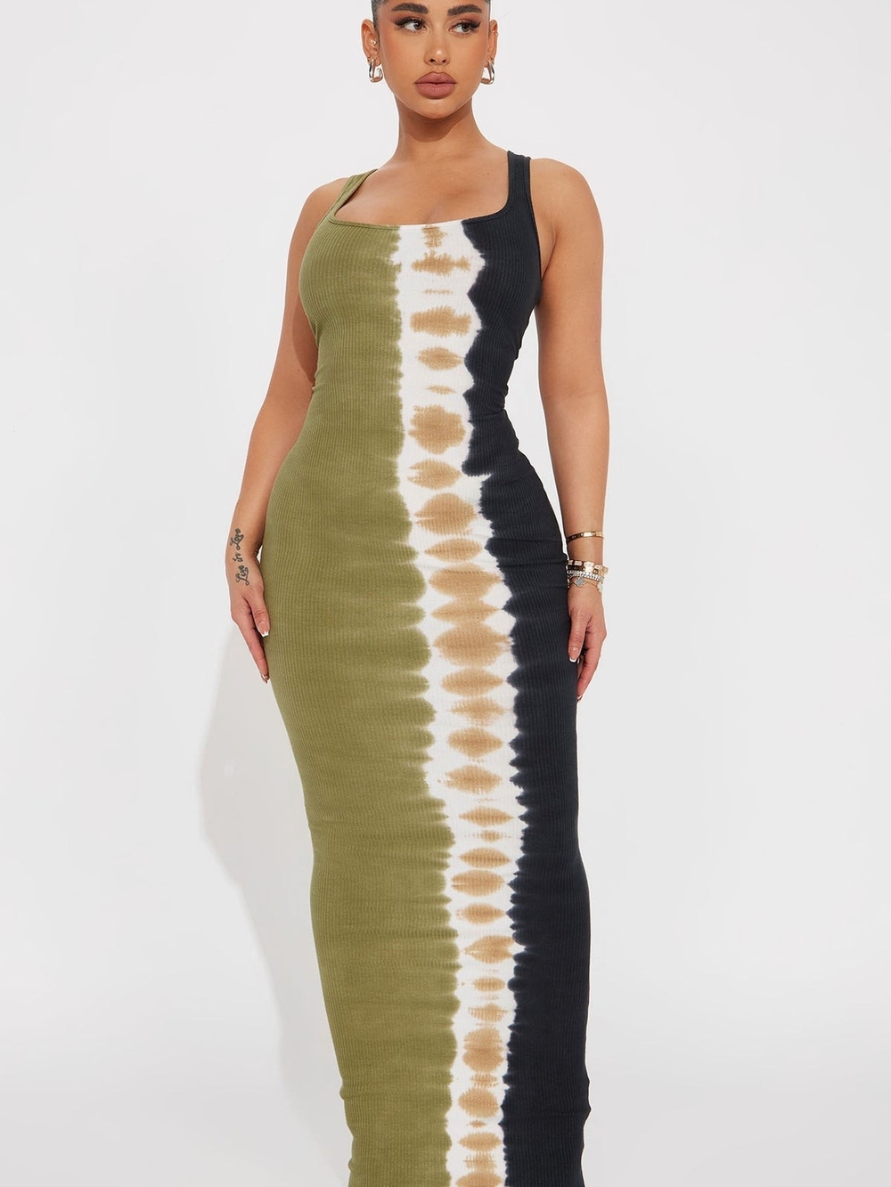 Fashion Nova MEADOWS Olive, Black & Cream Tie-Dye Ribbed Maxi Dress SZ1X
